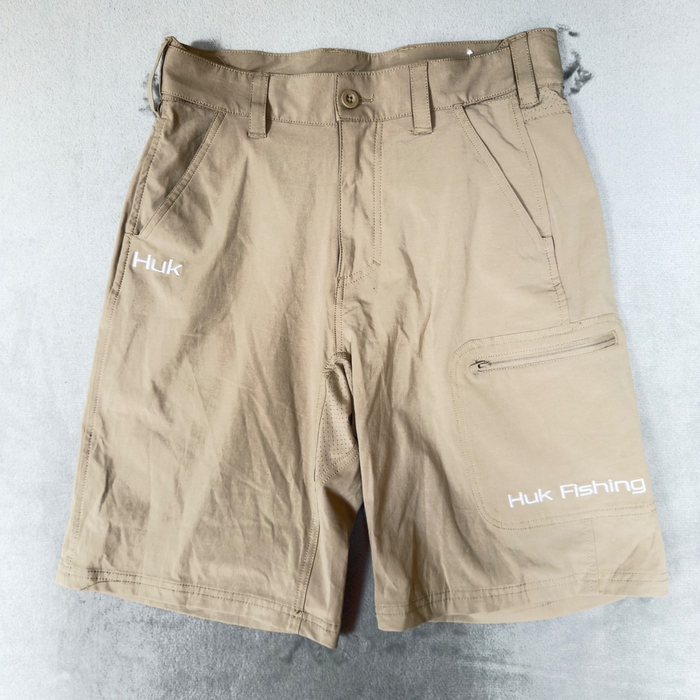 Huk Fishing Mens Performance Shorts Tan Khaki Size Small Cargo Zip Pockets